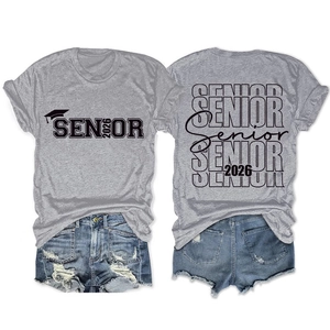 Front and back detail of Senior 2026 grey t-shirt with graduate cap and bold artistic font