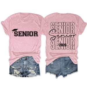 Detailed front and back views of Pink Senior 2026 Graduation T-shirt with denim shorts