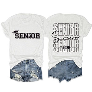 Front and back view of a white Senior 2026 t-shirt with class graduation print design