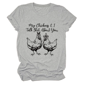 Detail of grey crewneck t-shirt showing the chicken graphic and funny slogan print