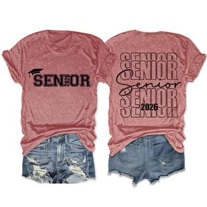 Front and back view of a Senior 2026 t-shirt in heather reddish-brown with denim shorts