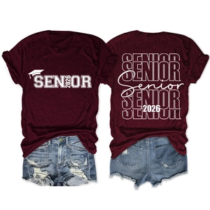 Front and back detail of wine red Senior 2026 graduation t-shirt with flat lay style