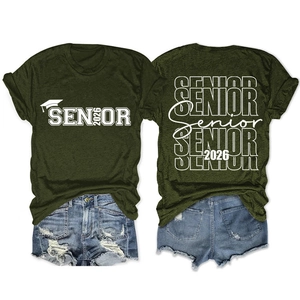 Detailed front and back view of a dark green Senior 2026 graduation cotton T-shirt