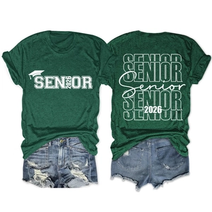 Flat lay of Senior 2026 dark green t-shirt and ripped denim shorts with back view