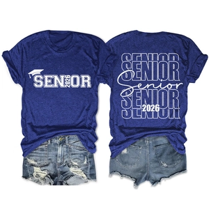 Front and back view of a blue Senior 2026 t-shirt with graduation cap print and denim shorts