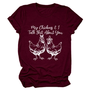 Detail of burgundy T-shirt with My Chickens Talk Shit About You graphic print