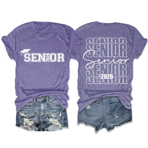 Front and back detail of purple Senior 2026 graduation t-shirt with white printing