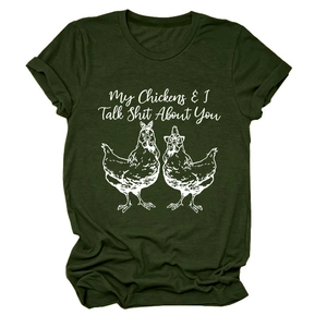 Detail of army green crewneck t-shirt featuring funny white chicken graphic and text print