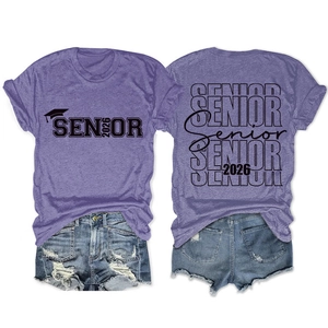 Purple Senior 2026 cotton t-shirt with front and back graduation print display