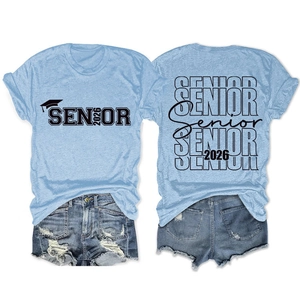 Detailed front and back view of light blue Senior 2026 graduation graphic t-shirt