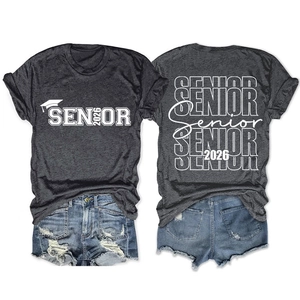 Flat lay of gray Senior 2026 t-shirt showing front and back graduation print details