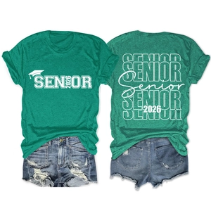 Front and back view of green Senior 2026 graduation t-shirt with graduation cap print