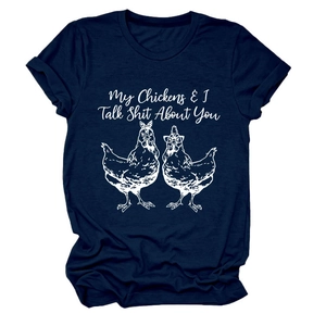 Detail of navy t-shirt featuring chickens and My Chickens & I Talk Shit About You text