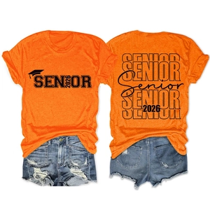 Detailed flat lay of front and back orange Senior 2026 graduation cotton t-shirt