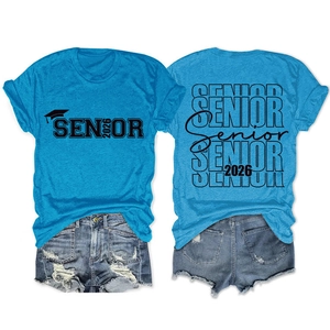 Front and back view of blue Senior 2026 graduation T-shirt with graduation cap print