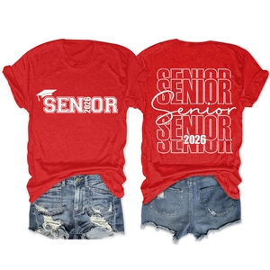 Front and back view of red Senior 2026 graduation T-shirt with blue denim shorts
