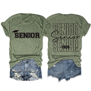 Front and back view of Senior 2026 graduation T-shirt with distressed denim shorts