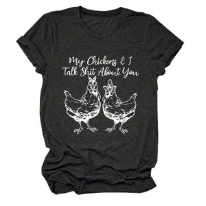 Detail of screen-printed chickens and funny text on a dark grey short sleeve t-shirt