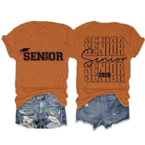 Front and back detail of burnt orange Senior 2026 graduation t-shirt and graphic design