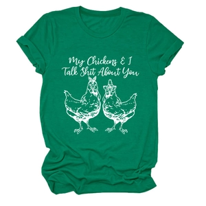 Detail of green cotton t-shirt featuring two illustrated chickens and witty slogan print