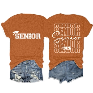 Detailed back and front view of orange 2026 senior graduation t-shirt with artistic text