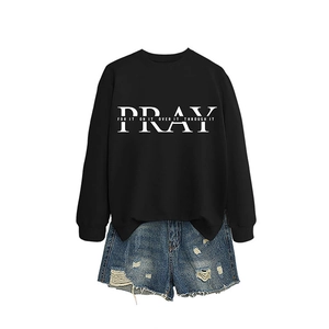 Women casual black crewneck sweatshirt with PRAY print and distressed denim shorts set