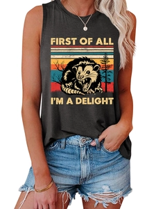 Detail of vintage opossum print and colorful stripes on dark gray sleeveless tank top
