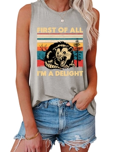 Detail of grey sleeveless tank top with vintage opossum print and slogan