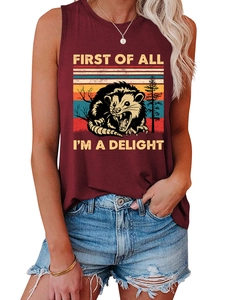 Detail of burgundy sleeveless tank top with vintage sunset opossum print and lettering