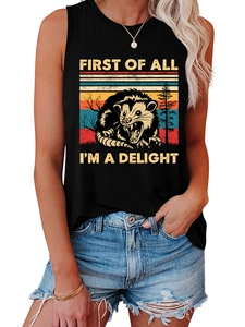 Close-up of First of All I'm a Delight opossum print on women's sleeveless black vest