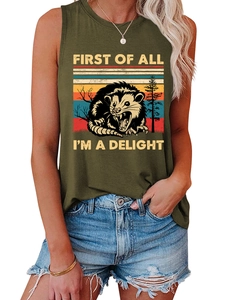 Detail of army green cotton tank top showing vintage opossum graphic and text print
