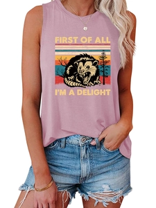 Detail of Possum graphic print on women's casual sleeveless round neck pink tank top