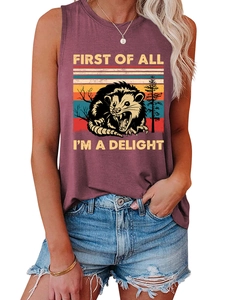 Detailed close-up of 'First of all I'm a delight' print on a plum sleeveless tank top