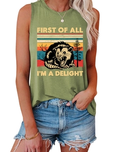 Detail of olive green sleeveless tank top with vintage opossum graphic and white lettering