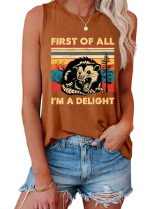 Detail of First Of All I'm A Delight opossum print on a caramel sleeveless tank top