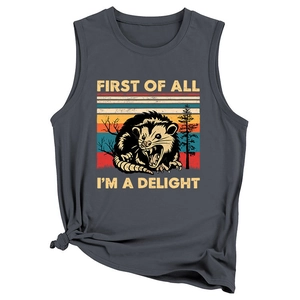 Detail of grey sleeveless top featuring a retro opossum graphic and text print