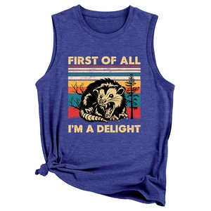 Close-up of navy sleeveless top featuring a retro opossum and humorous text design
