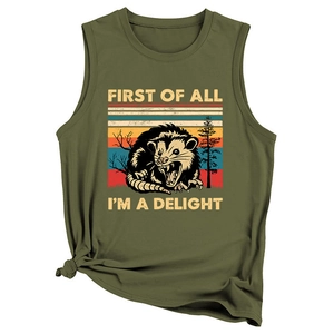 Detail of olive green sleeveless top with possum graphic and stylish front hem knot
