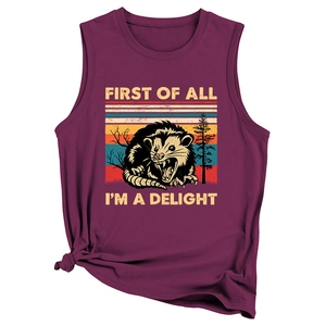 Detail of burgundy sleeveless tank top with vintage opossum graphic and knotted hem