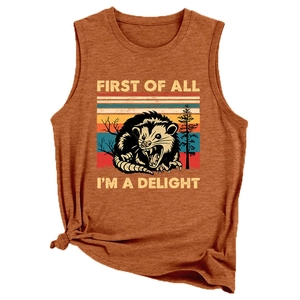 Women's vintage caramel muscle tank top with opossum sunset print and humor text