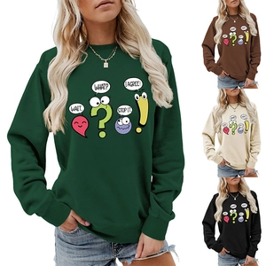 Detail showing multi-color crewneck sweatshirts with humorous text and cartoon symbols