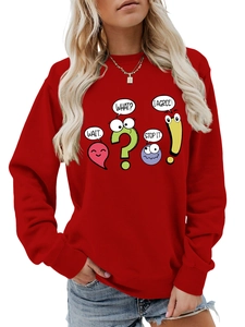 Detail of red crewneck sweatshirt with colorful cartoon emojis and funny text prints