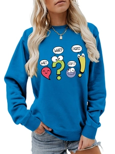 Close-up of royal blue sweatshirt with colorful cartoon symbols and funny quotes