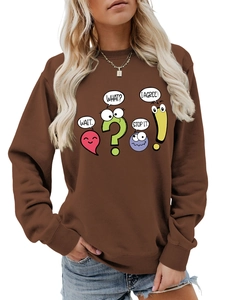 Detail of brown long sleeve sweatshirt with cartoon punctuation and quote prints