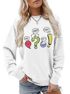Detail of colorful cartoon dialogue symbols and text print on white crewneck sweatshirt