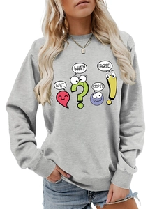 Detail of grey crewneck sweatshirt featuring cartoon characters and comic text bubbles