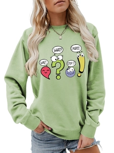 Close-up of light green hoodie featuring colorful cartoon speech bubbles and text print