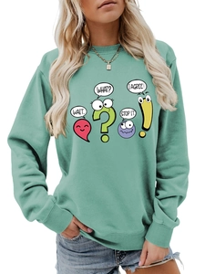 Detail of mint green sweatshirt featuring colorful cartoon speech bubble prints