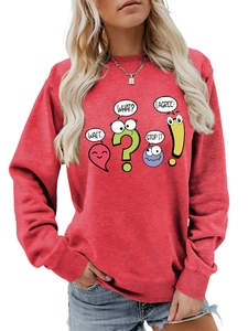 Detail of red crewneck sweatshirt featuring colorful cartoon speech bubble graphics