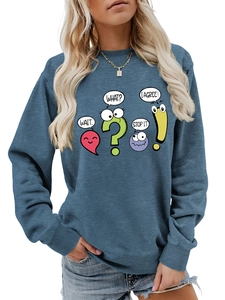 Detail view of the graphic print and comfortable fabric on the gray blue sweatshirt